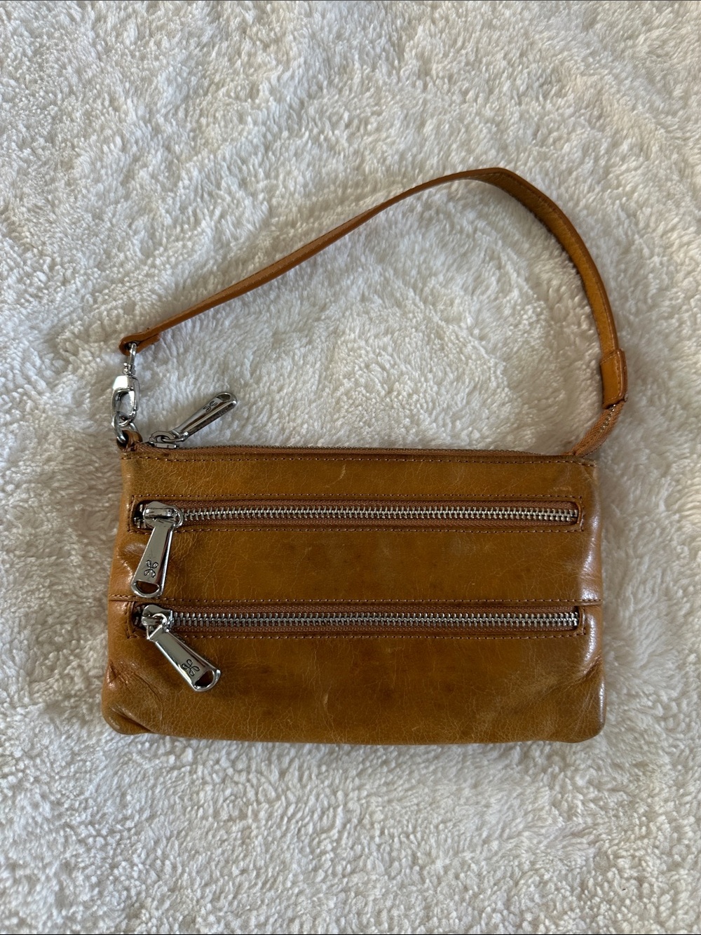 HOBO Cognac Leather Wristlet Clutch with Dual Zippers